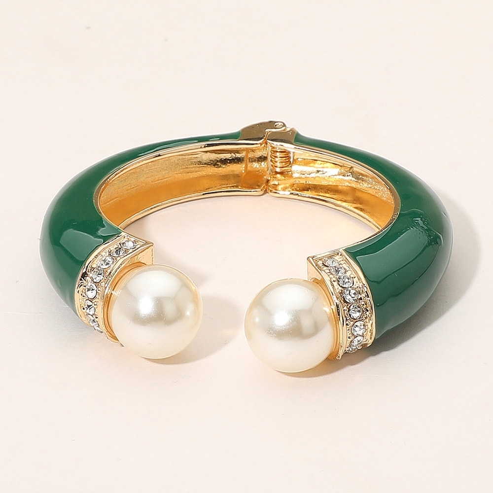 Green Gold Pearl Tip Enamel Cuff Hinged Bracelet Fashion Statement Accessory